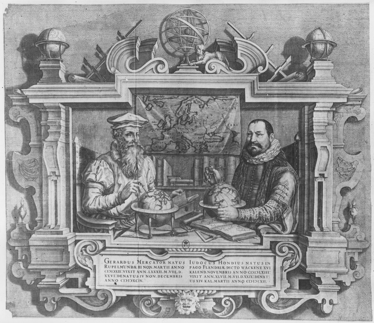 Dubbelportret van Gerard Mercator (1512-94) en Jodocus Hondius (1563-1612) gegraveerd voor opname in de Mercator en Hondius serie atlassen, 1619 door Flemish School
