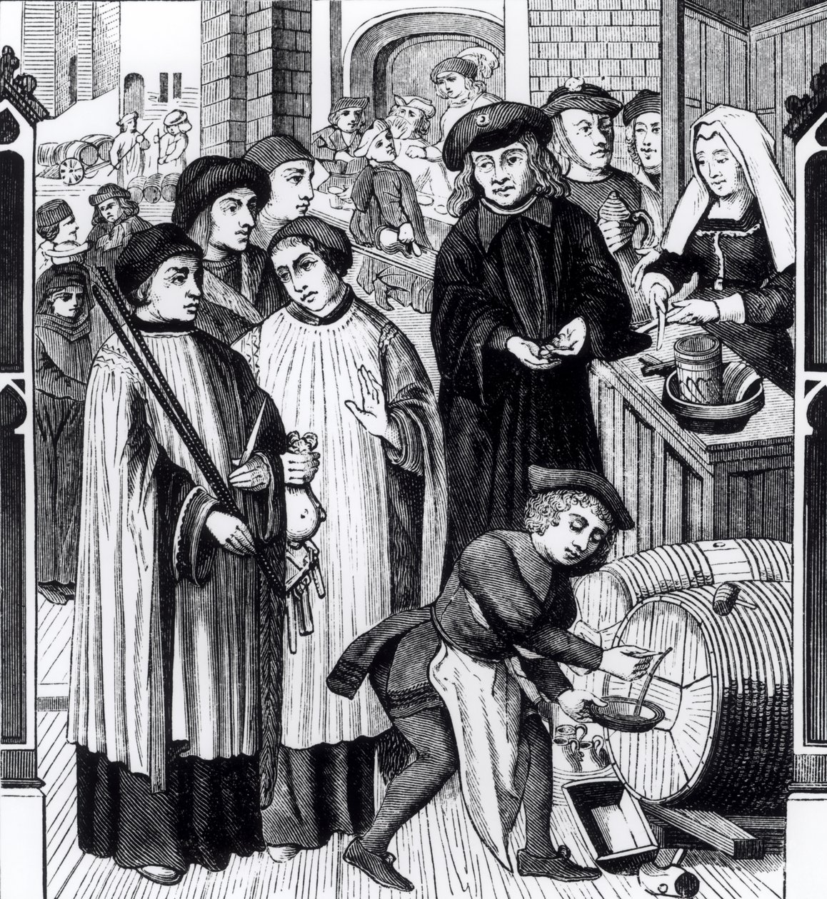 Heffingen op wijnen, verleend aan het kapittel van Doornik door koning Chilperic, naar een raam van de kathedraal van Doornik door Flemish School