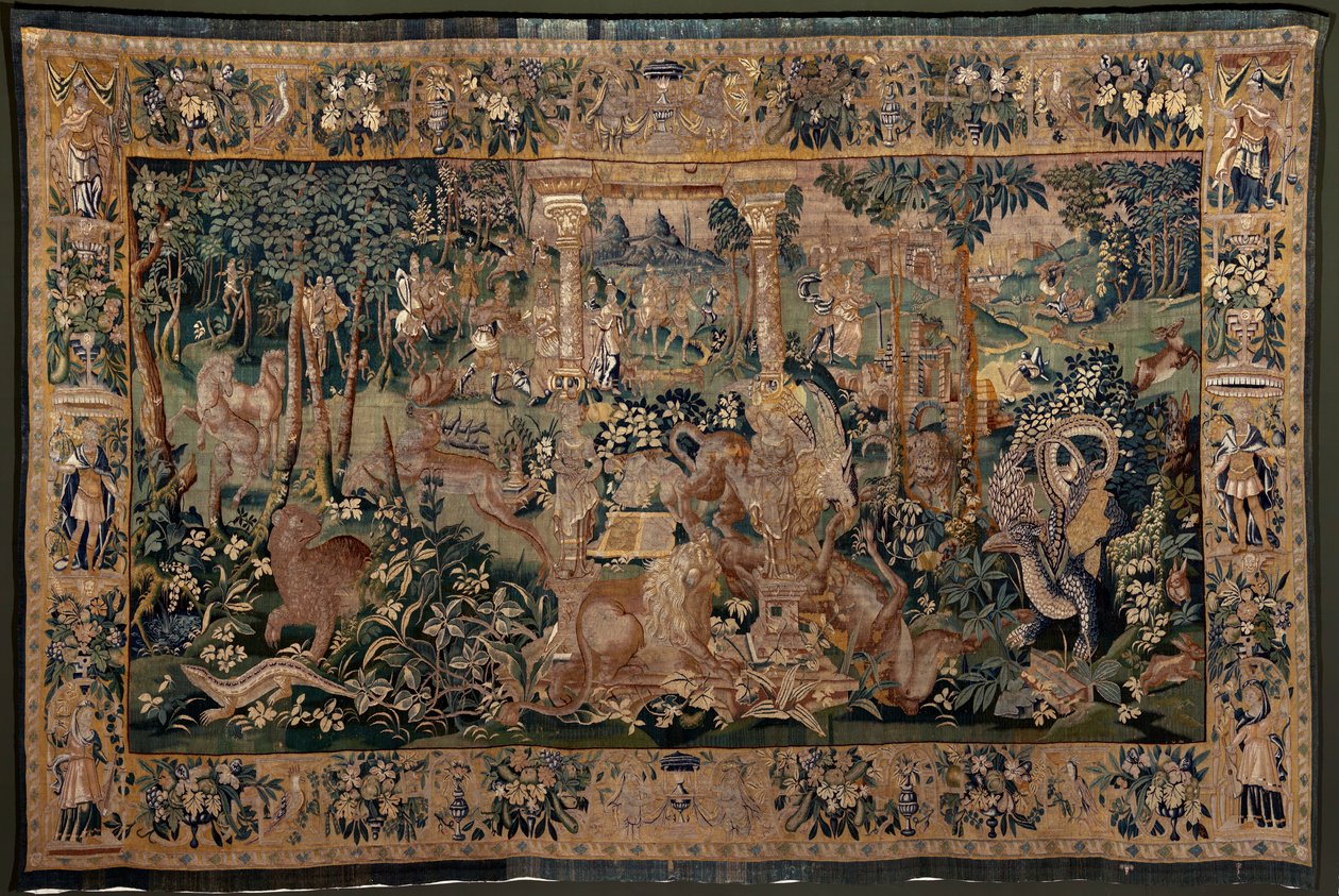 Vlaamse wandtapijt. Landschap met prieel en grote beesten, met 2 zuilen. Atelier van Oudenaarde. 17e eeuw door Flemish School