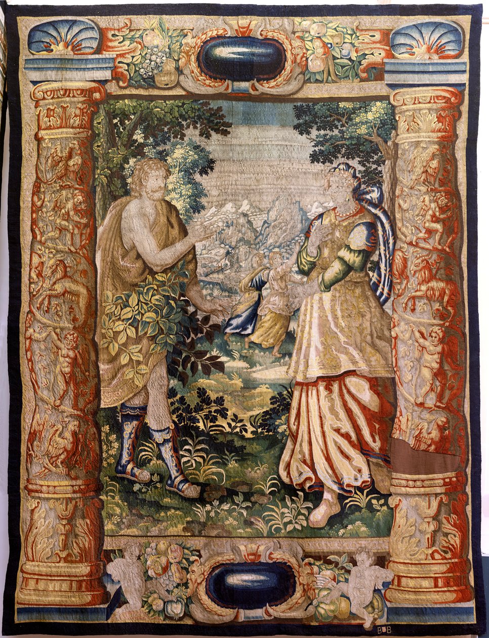 Vlaams wandtapijt. Serie Galanterie. Galante scène. Manufacture Brussel, begin 17e eeuw. Stof Zijde en wol, 5/6 scheringen per cm. Grootte 348 x 263 cm. Locatie Kerk van San Millán de la Cogolla, Oncala (Soria). Oorsprong Een schenking door Flemish School