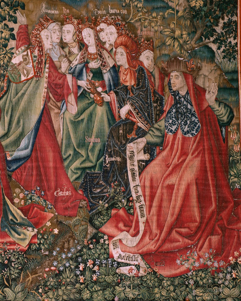 Deugden dagen de ondeugden uit wanneer Christus zijn bediening begint (Las Virtudes desafían a los Vicios cuando Cristo comienza su ministerio). Zesde wandtapijt in de serie. door Flemish School