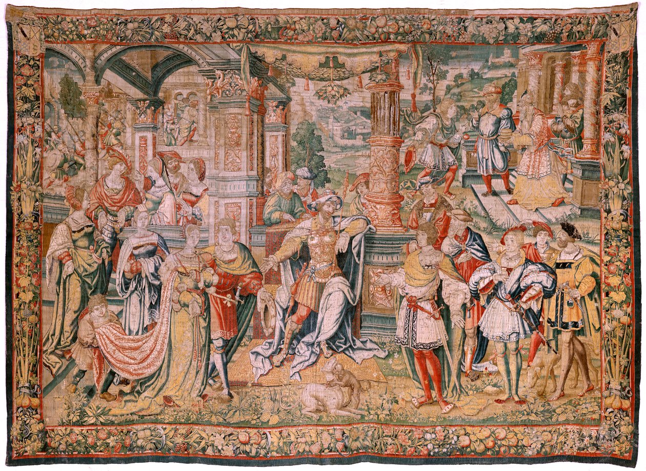 Vlaams wandtapijt. Serie Verhaal van David. David voor Saul. Model door Bernard van Orley. Manufacture Brussel. Ca1525. Zijde en wol. Locatie Kathedraal van Burgos. Oorsprong Een legaat aan de kathedraal in 1535 door Card door Flemish School