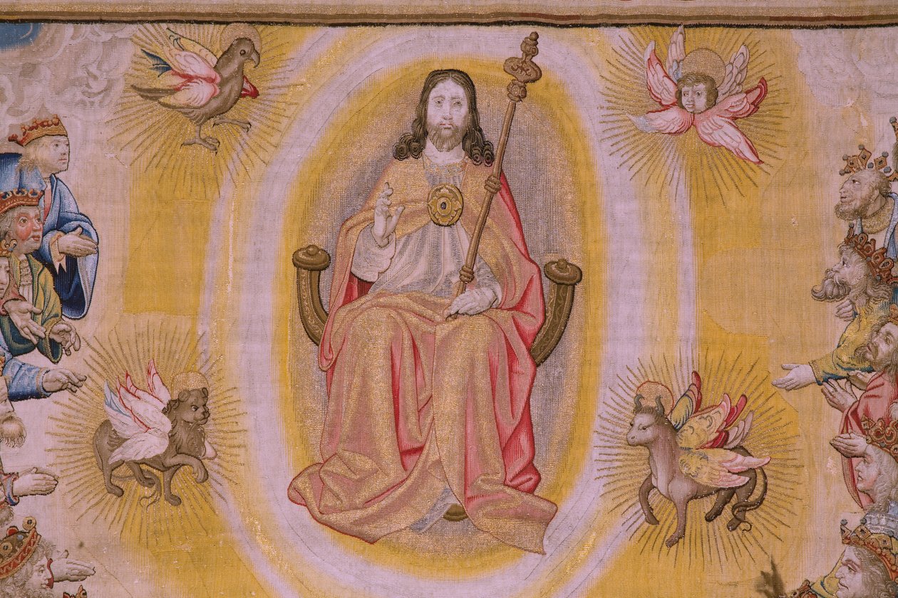 De Apocalyps: Sint-Michiel verslaat de draak. Ca 1553-1555. (detail) door Flemish School