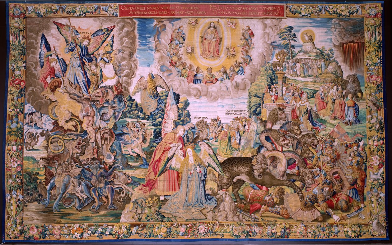 Vlaamse wandtapijt. Serie De Apocalyps: Sint-Michiel verslaat de draak. Atelier Willem Dermoyen, Brussel. Ca 1553-1555 door Flemish School