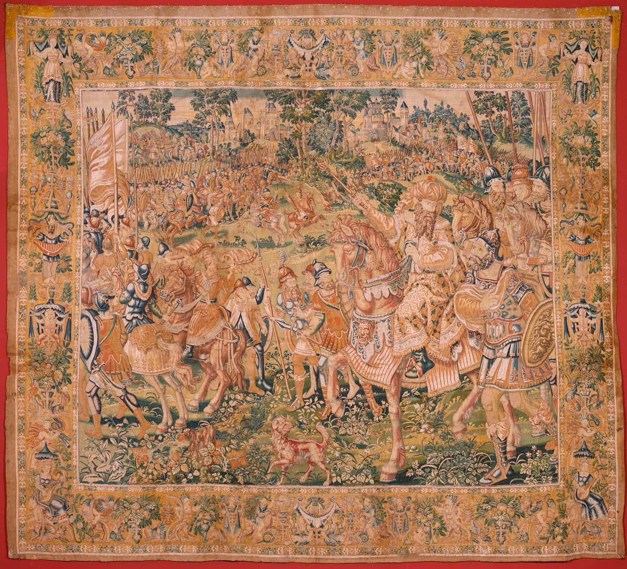 Vlaams wandtapijt. Serie Het Boek van Judith. Het leger van Nebukadnezar. Eerste wandtapijt in de serie. Manufacture Nederland, Brussel?, tweede helft van de 16e eeuw. Wol. Locatie Kerk van Sint Nicolaas van Bari (mu door Flemish School