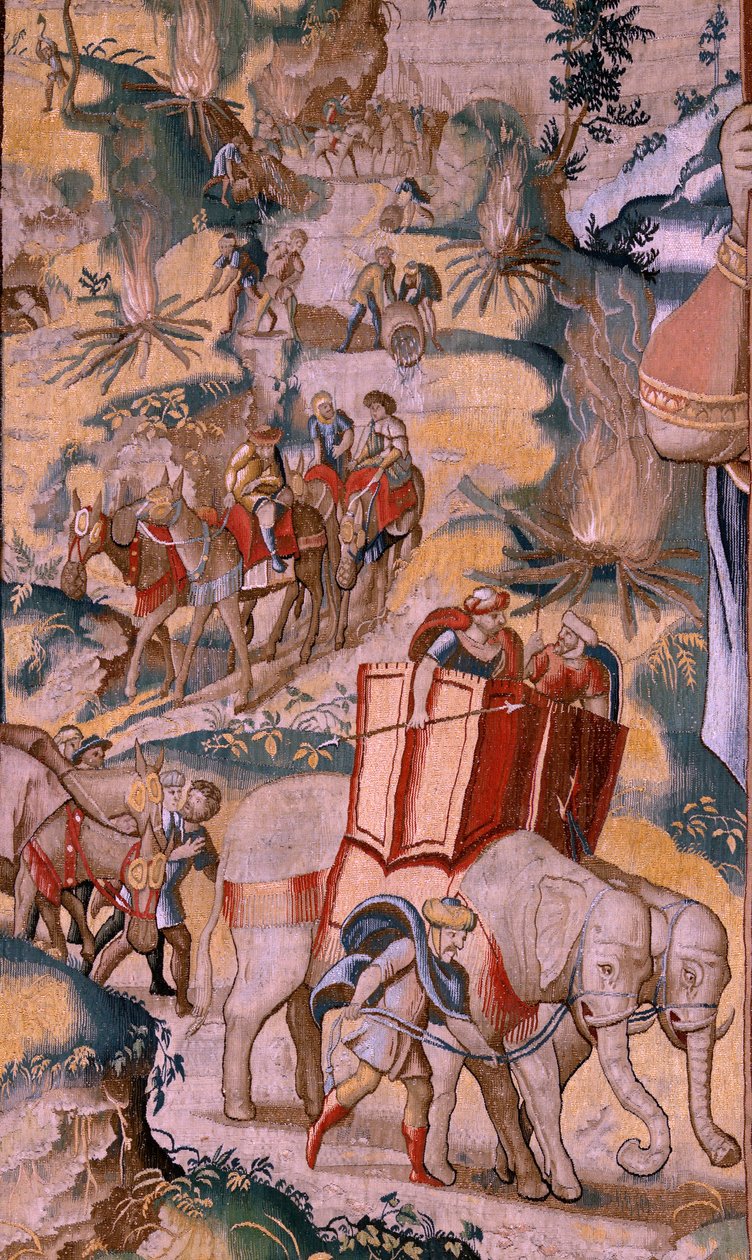 Vlaams wandtapijt. Serie De geschiedenis van Hannibal. De oversteek van de Alpen. Tweede wandtapijt van de bewaarde. door Flemish School