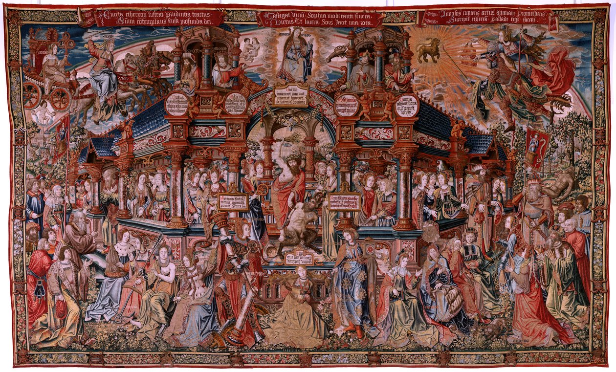 Vlaams wandtapijt. Serie De Eerbewijzen. Deugd. Achtste wandtapijt in de serie. Model Cartonisten uit de kring van Bernard van Orley en Jan Gossaert (Mabuse). Manufacture Pieter van Aelst, Brussel. Ca 1550. Stof Goud, zilver, zijde en wol. door Flemish School
