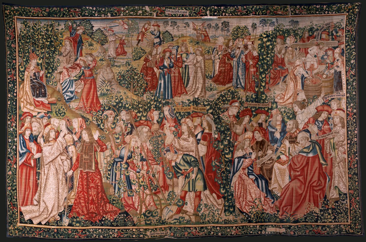 Vlaams wandtapijt. Serie De gelijkenis van de arbeiders in de wijngaard. De oproep aan de arbeiders. Eerste wandtapijt in de serie. Manufacture Brussel, Pieter van Aelst’s ateliers (?). Ca 1500. Stof Zijde en wol, 6 scheringen per cm. door Flemish School