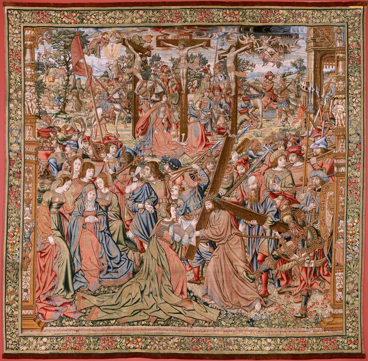 De Passie van Christus; De weg naar Calvarie en ontmoeting met Veronica. Eerste wandtapijt van die bewaard door Nationaal Erfgoed. door Flemish School
