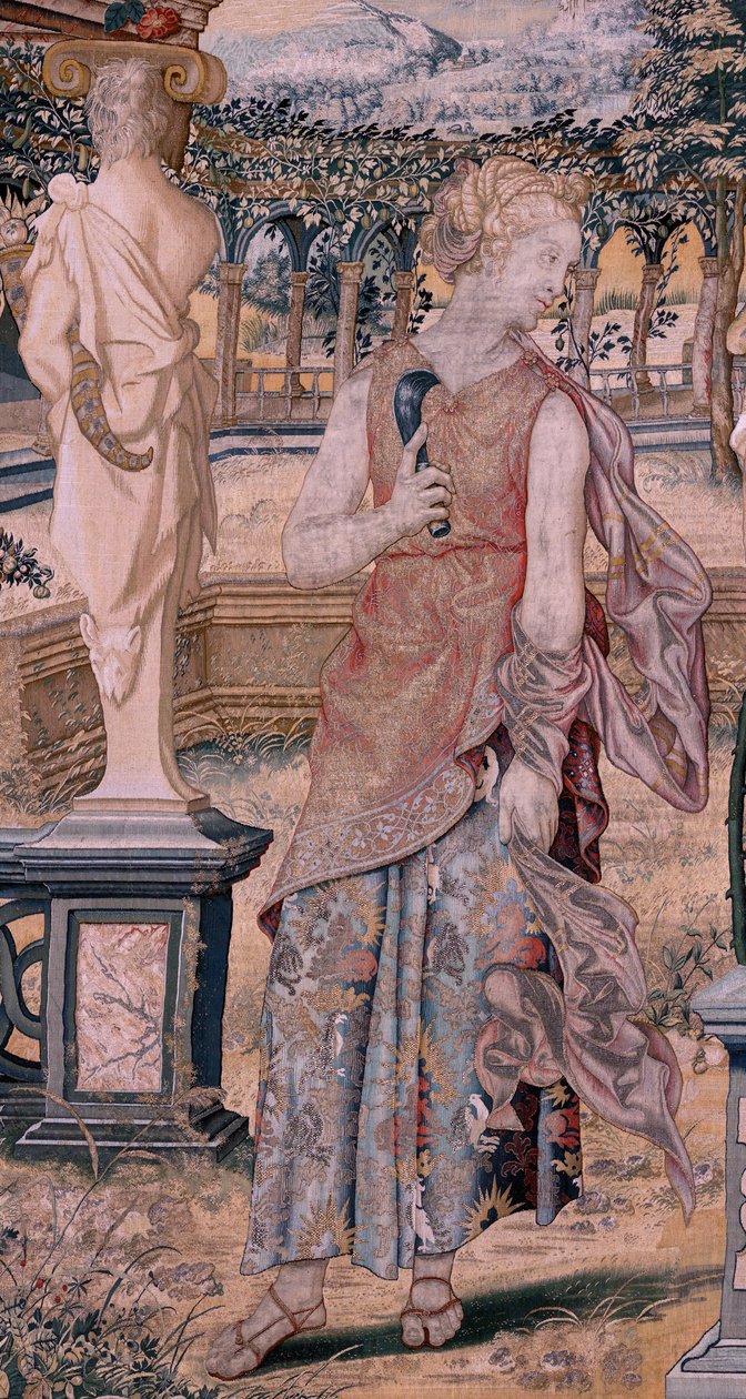 Vlaamse wandtapijt. Serie Vertumnus en Pomona. Vertumnus getransformeerd in een oogster. Eerste wandtapijt in de serie. Model Kring van Pieter Coeck van Aelst. Fabrikant Wilhelm Pannemaker, Brussel. Ca 1545-1550. door Flemish School