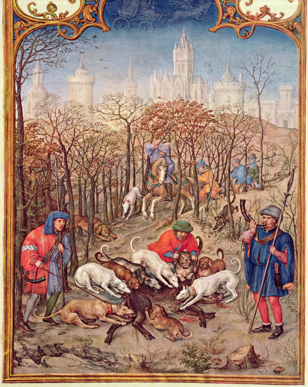 Fol.12v De Maand December: Jagen op wilde zwijnen, uit het Breviarium Grimani, c.1515 door Flemish School
