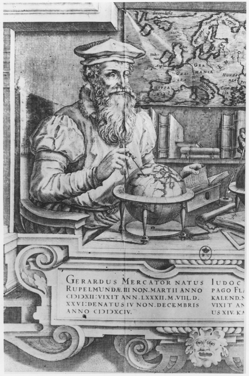 Gerard Mercator (1512-94) gegraveerd voor opname in de Mercator en Hondius serie atlassen door Flemish School