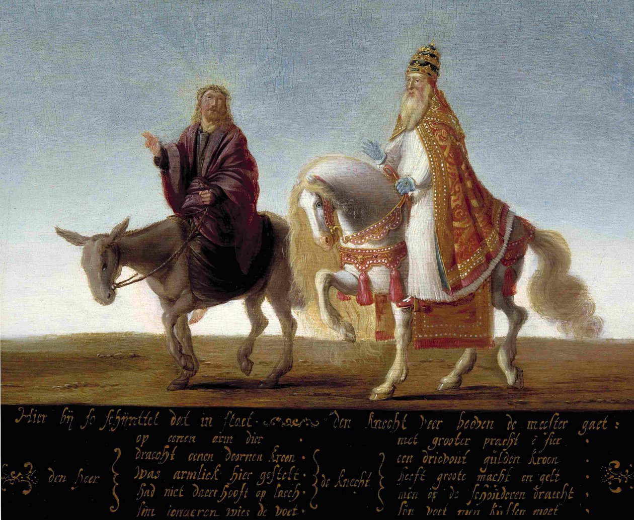 Jezus afgebeeld op een ezel naast de rijkelijk geklede paus op een paard door Flemish School