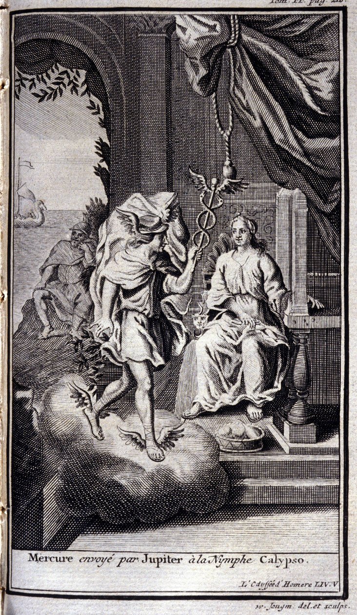 Mercurius gestuurd door Jupiter naar de nimf Calypso. Illustratie voor boek V van de Odyssee van Homeros, gepubliceerd in Amsterdam in 1731, privécollectie Milaan door Flemish School