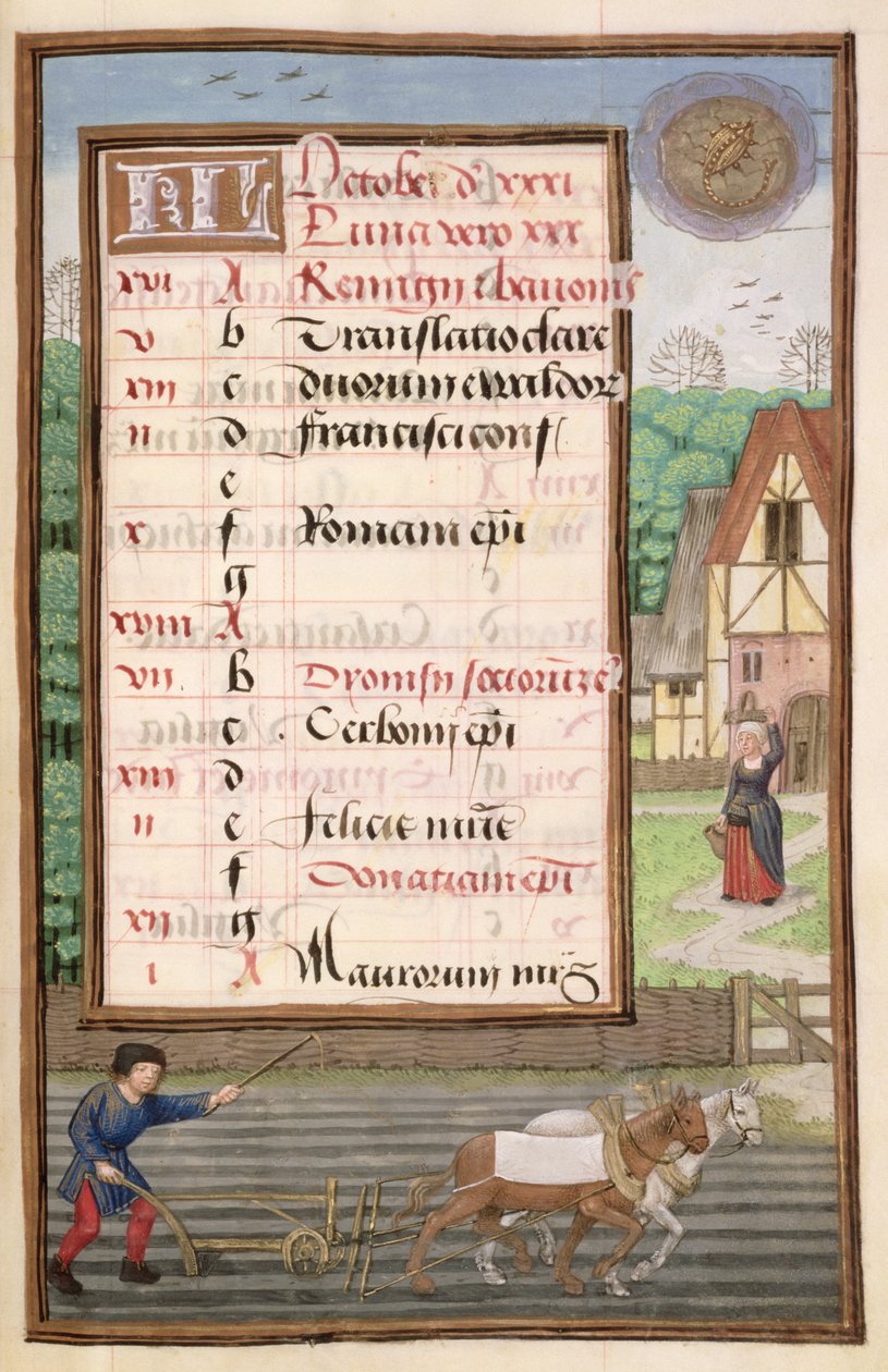 Ploegen met twee paarden, kalenderpagina voor oktober, uit een Getijdenboek, ca. 1500 door Flemish School
