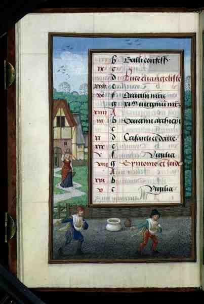 Ms 1058-1975 f.10v Twee mannen die graan zaaien, verlichte kalenderpagina voor oktober, uit een Getijdenboek, ca.1500 door Flemish School
