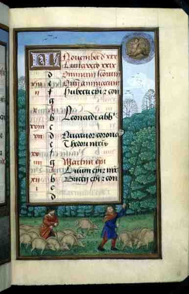 Ms 1058-1975 f.11r Varkens hoeden en eiken slaan, verlichte kalenderpagina voor november, uit een Getijdenboek, ca.1500 (perkament) door Flemish School