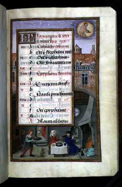 Ms 1058-1975 f1r Feestend paar, verlichte kalenderpagina voor januari, uit een Getijdenboek, ca.1500 (perkament) door Flemish School