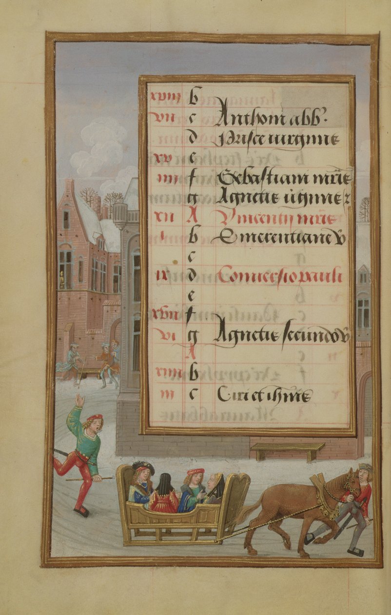 Ms 1058-1975 f1v Straatscène in de sneeuw, verlichte kalenderpagina voor januari, uit een getijdenboek, ca. 1500 door Flemish School