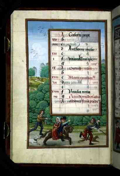 Een Meester en zijn Dame Rijden met de Jacht, verlichte kalenderpagina voor april, uit een Getijdenboek, ca.1500 door Flemish School
