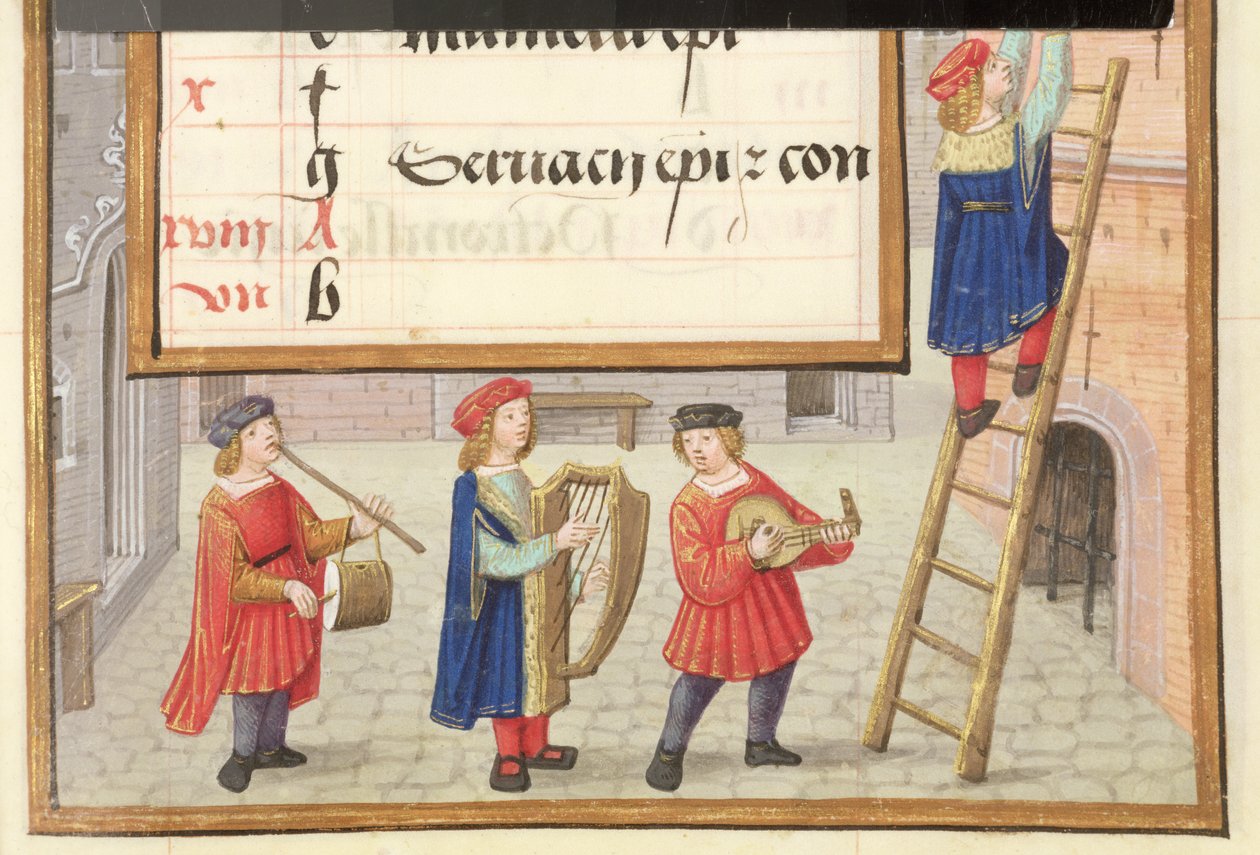 Ms 1058-1975 f.5r Muzikanten in een geplaveide straat, detail uit verlichte kalenderpagina voor mei, uit een 