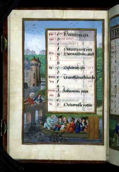 Ms 1058-1975 f5v Een Boottocht op een Rivier, verlichte kalenderpagina voor mei, uit een Getijdenboek door Flemish School