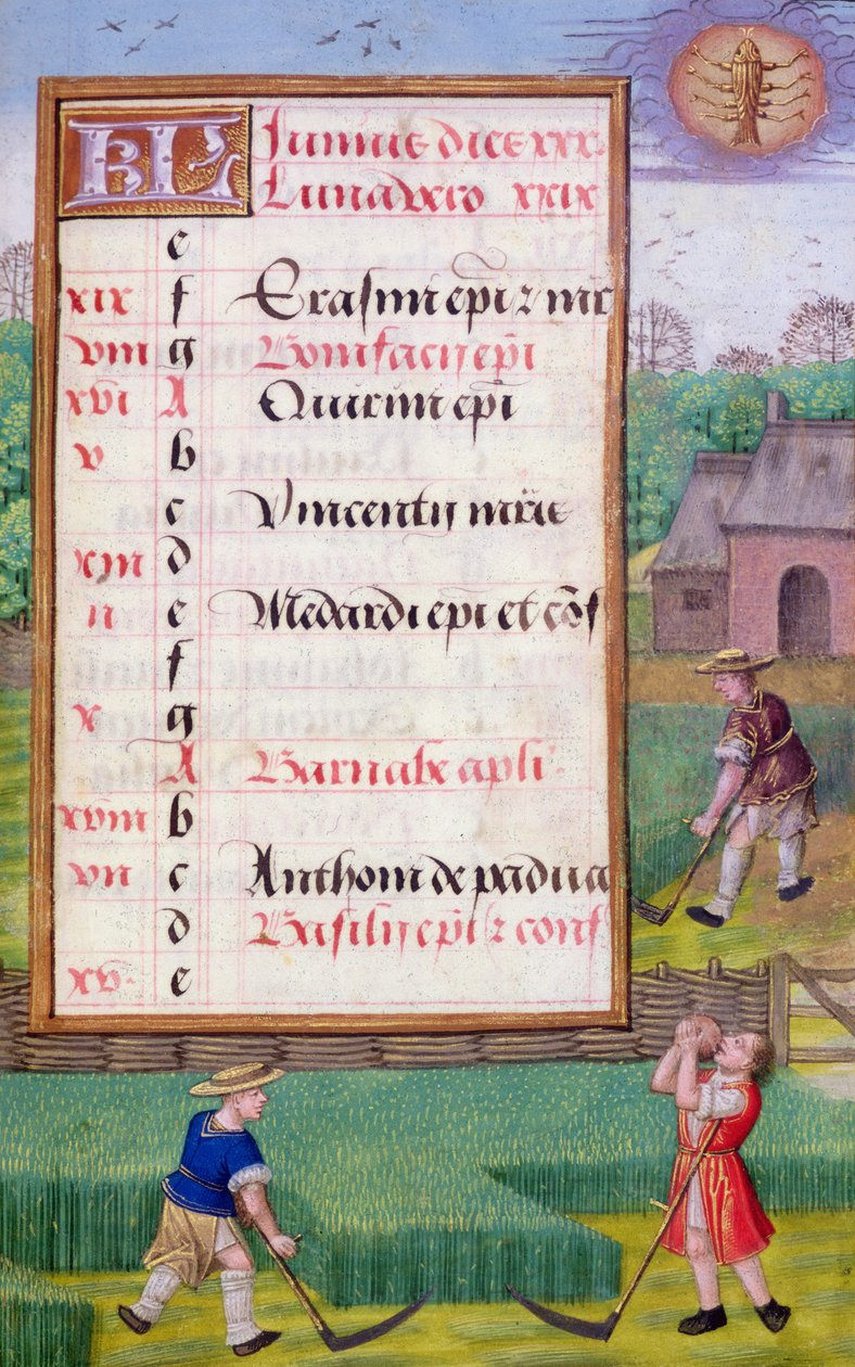 Ms 1058-1975 f6r Gras maaien, verlichte kalenderpagina voor juni, uit een Getijdenboek, ca.1500 door Flemish School