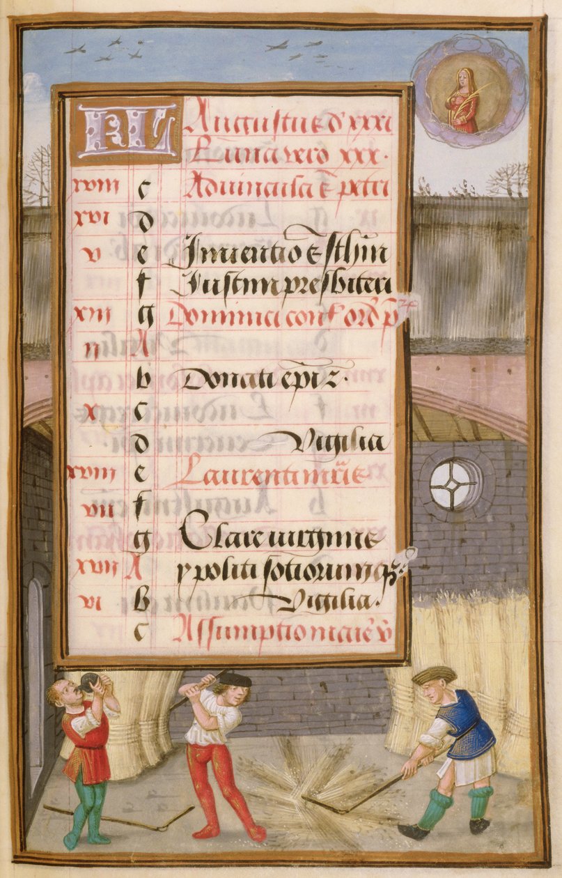 Graan dorsen in de schuur, kalenderpagina voor augustus, uit een Getijdenboek, ca. 1500 door Flemish School
