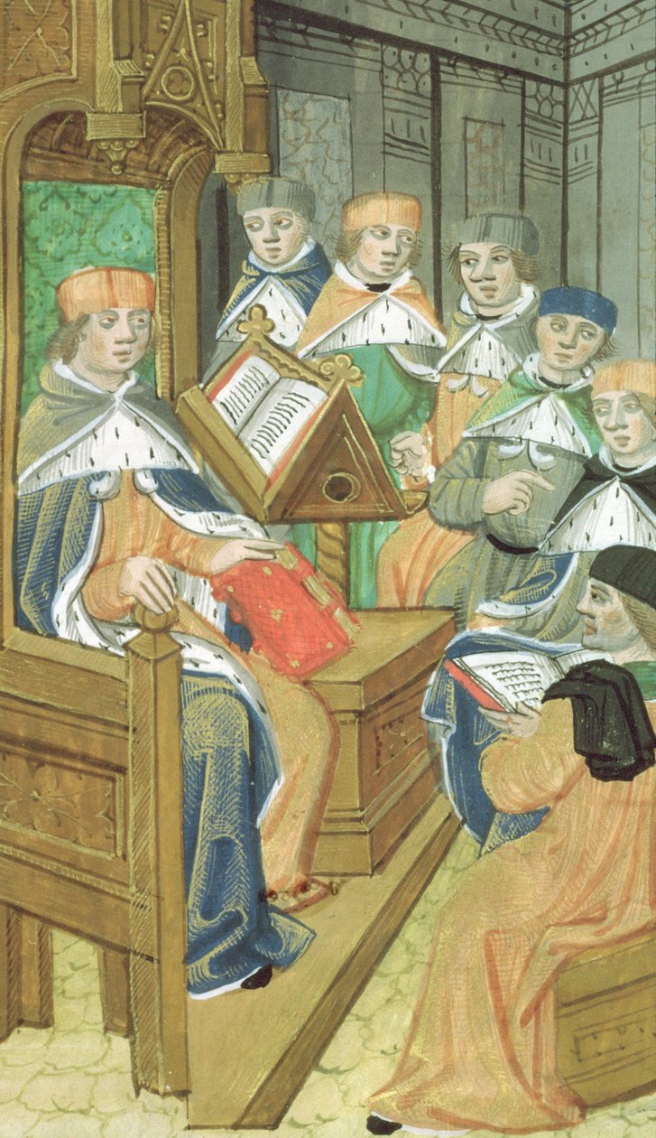 Lezing in zaal, uit De Medina Fen I. II, door Avicenna (980-1037) door Flemish School