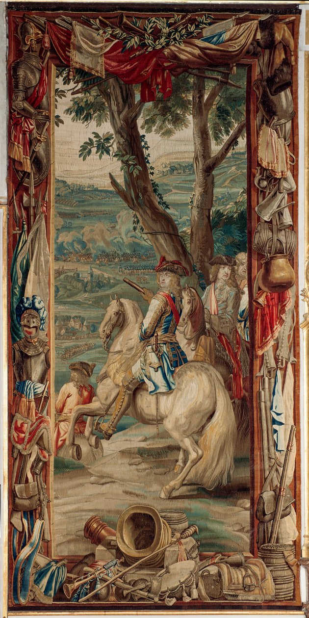Paleis (Schlossanlage Schleißheim). Vlaamse wandtapijt. Brussel atelier Judocus De Vos. Ontwerp Lambert De Hondt. Maximiliaan II Emanuel en twee infanteristen. Wol en zijde. Ca 1715 - 1724 door Flemish School