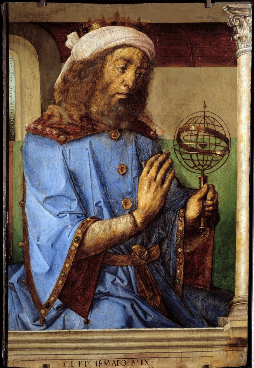 Portret van Ptolemaeus (Claudius Ptolemaeus, ca. 90-168), Griekse astronoom. Schilderij door Pedro Berruguete (ca. 1450-voor 1504) en Justus van Gent (1435-1480) door Flemish School