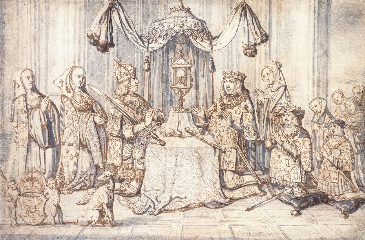 Portretten van keizer Maximiliaan I, zijn vrouw, dochter, zoon en anderen in de Heilige Kapel in Dijon, ca. 1600 door Flemish School