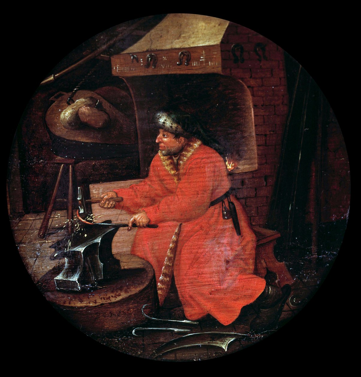 Voorstelling van een smid in zijn smederij die een metalen staaf op een aambeeld slaat door Flemish School