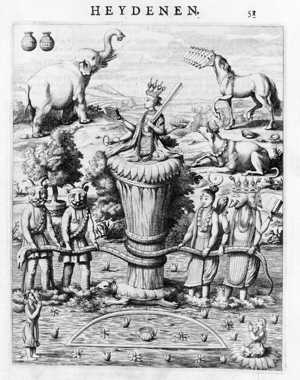 Samudramathana, met de deelname van Deva (Surya, Shiva, Vishnu, Brahma) met demonen en rijdieren. Volgens Baldaeus Philippus Afgoderye der oost-indische Heydenen. Amsterdam 1672 door Flemish School