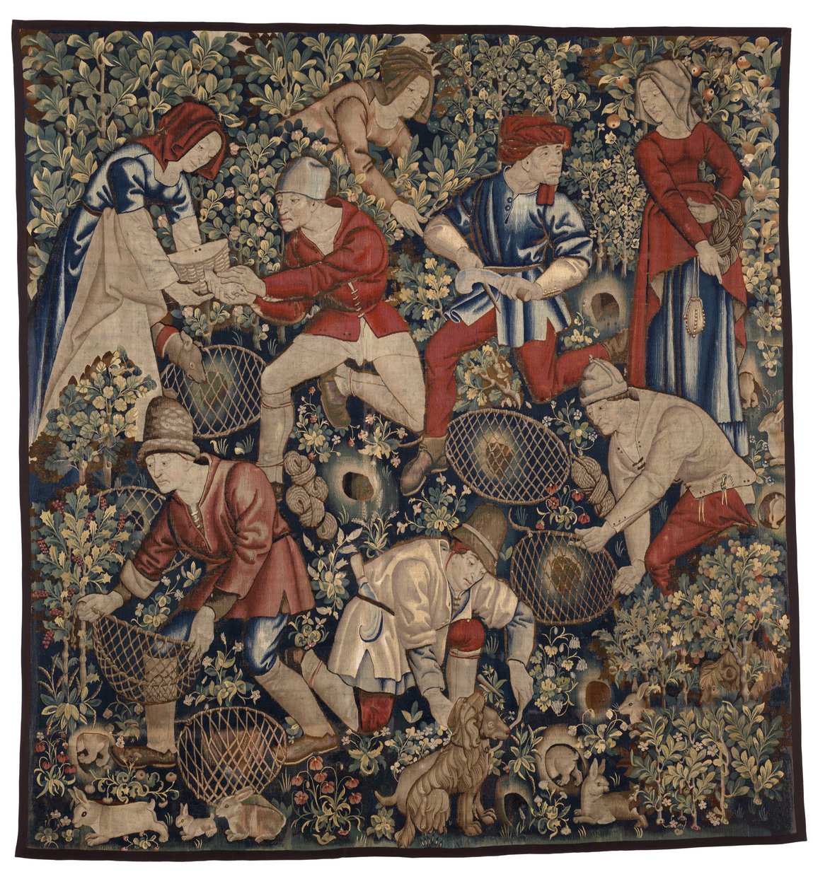 Wandtapijt met boeren die konijnen jagen met fretten, Tournai, c.1450-75 door Flemish School
