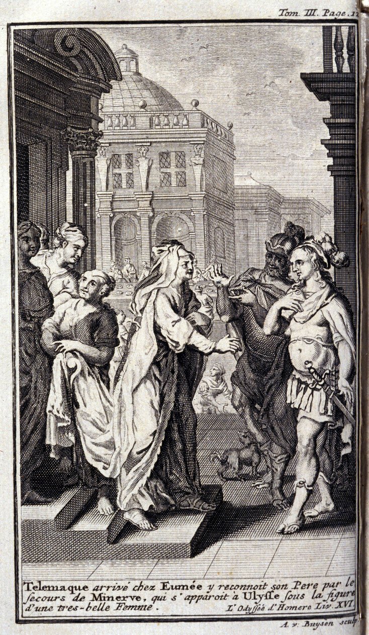 Telemachus arriveert bij het huis van Eumee, herkent zijn vader met de hulp van Minerva, die verschijnt in de gedaante van een mooie vrouw. Illustratie voor boek XVI van de Odyssee van Homeros, gepubliceerd in Amsterdam in 1731, privécollectie door Flemish School