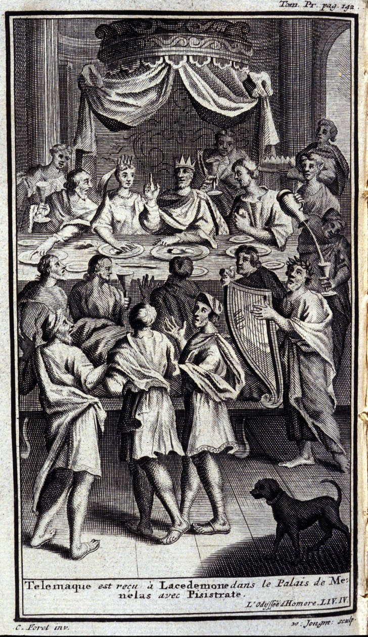 Telemachus wordt ontvangen in Lacedemonië in het paleis van Menelaos met Pisistratus. Illustratie voor boek IV van de Odyssee van Homeros, gepubliceerd in Amsterdam in 1731, Milaan door Flemish School