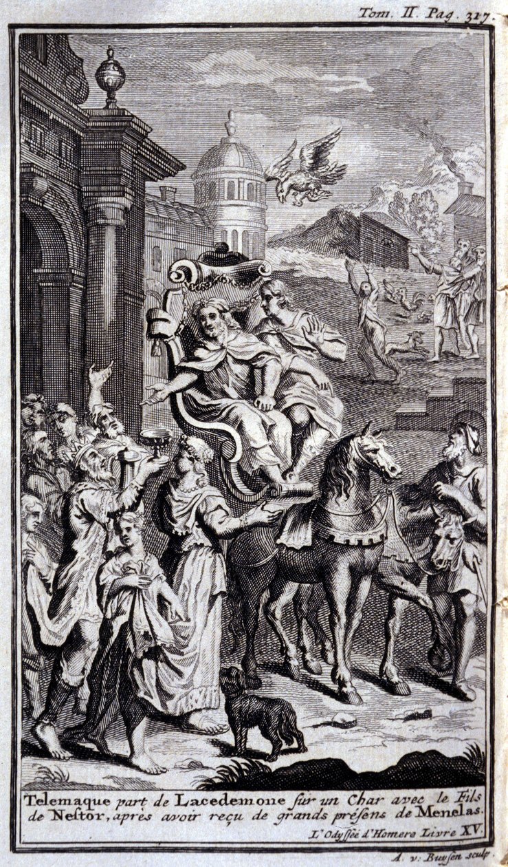 Telemachus verlaat Lacedemonië op een wagen met de zoon van Nestor na het ontvangen van grote geschenken van Menelaos. Illustratie voor boek XV van de Odyssee van Homeros, gepubliceerd in Amsterdam in 1731, privécollectie Milaan door Flemish School