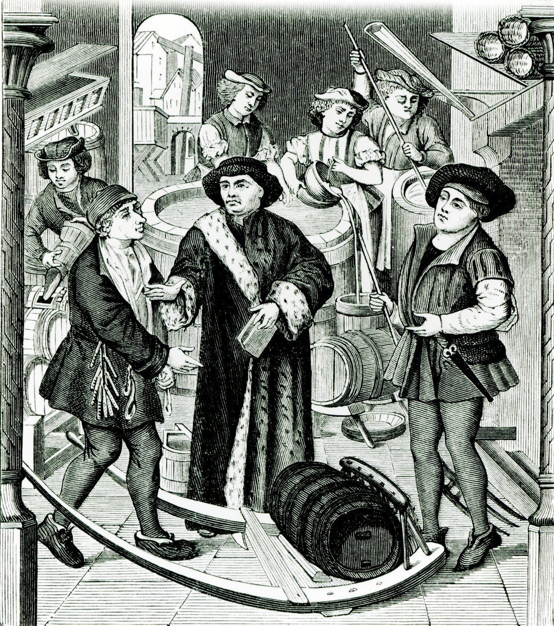 De bisschop van Doornik ontvangt de tiende van bier verleend door koning Chilperic, naar een raam van de kathedraal van Doornik door Flemish School
