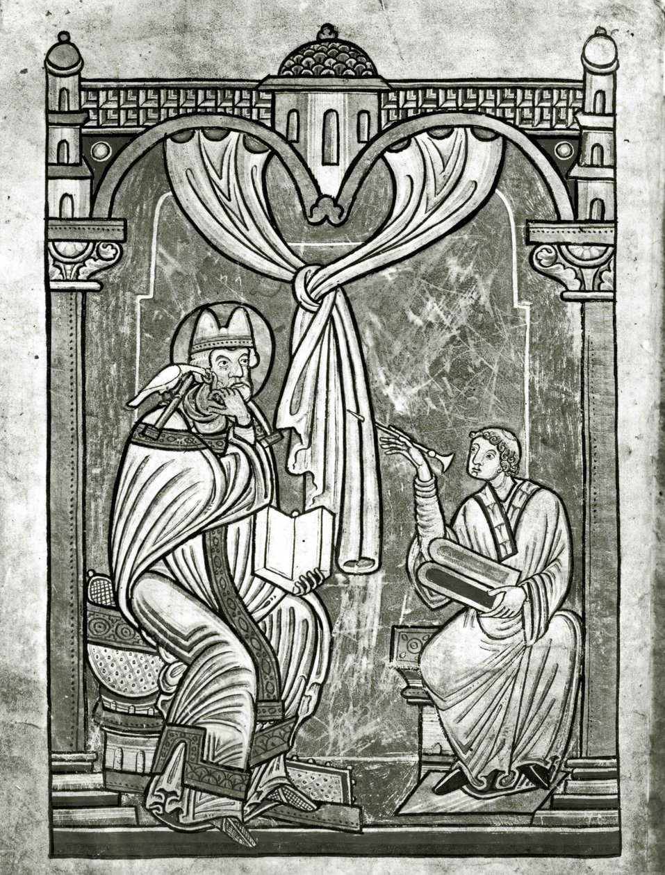 De extase van St. Gregorius (c.540-604) gezien door de diaken Peter door een gordijn doorboord door zijn stilet door Flemish School