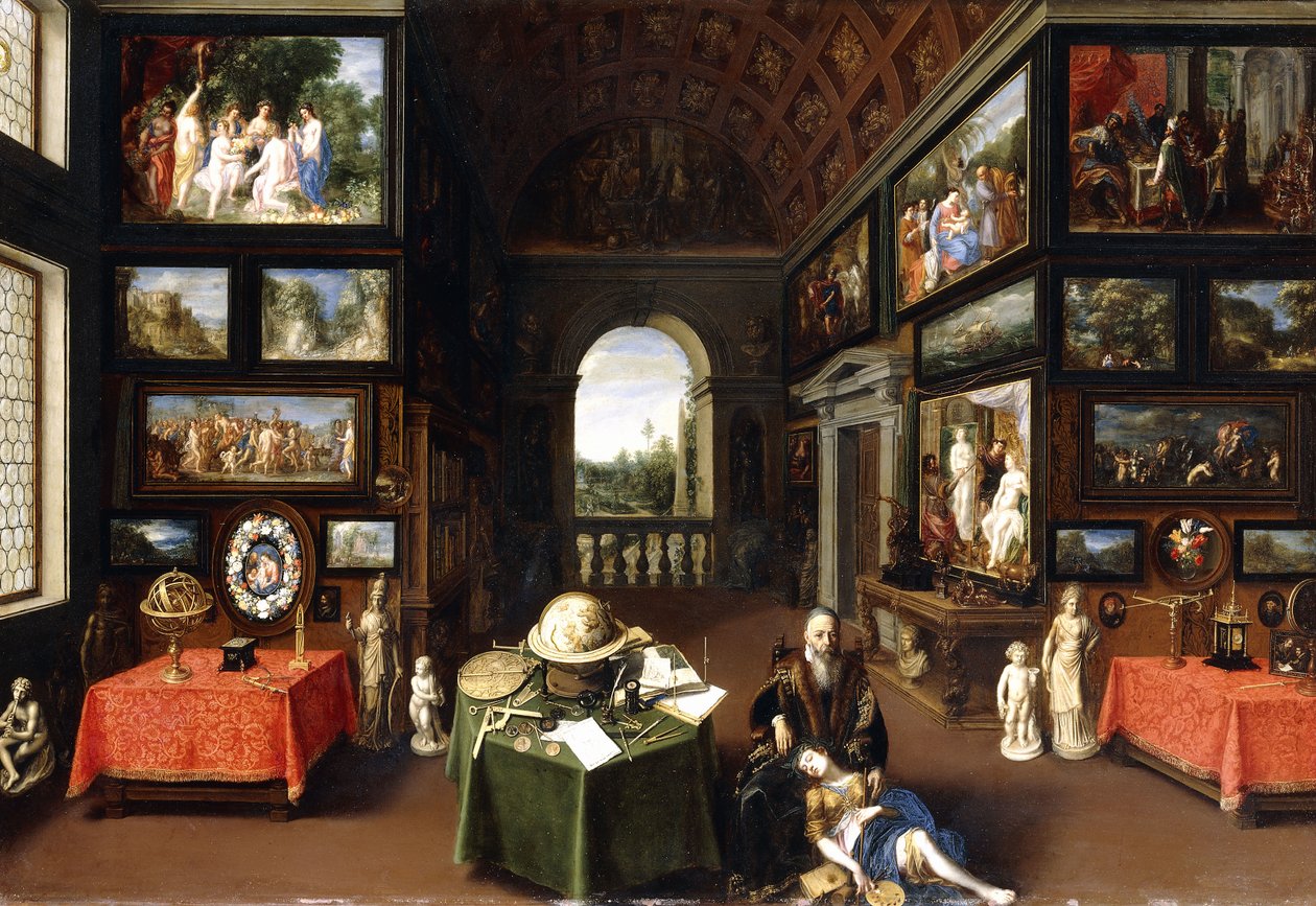 Het interieur van een schilderijengalerij met personificaties van schilderen en tekenen, ca. 1630 door Flemish School