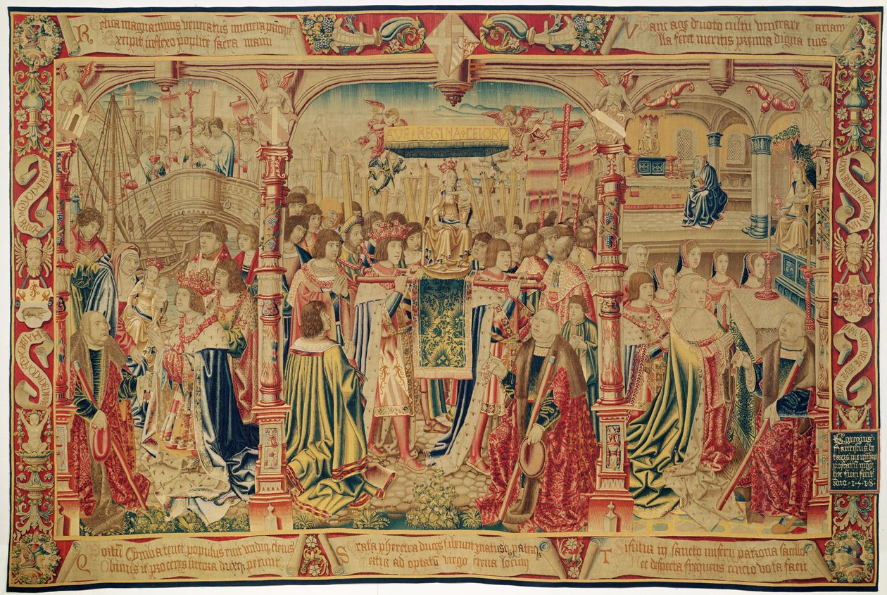 Het standbeeld van de Maagd Maria wordt de kerk binnengedragen, uit de legende van Notre Dame du Sablon, Brussel-werkplaats door Flemish School