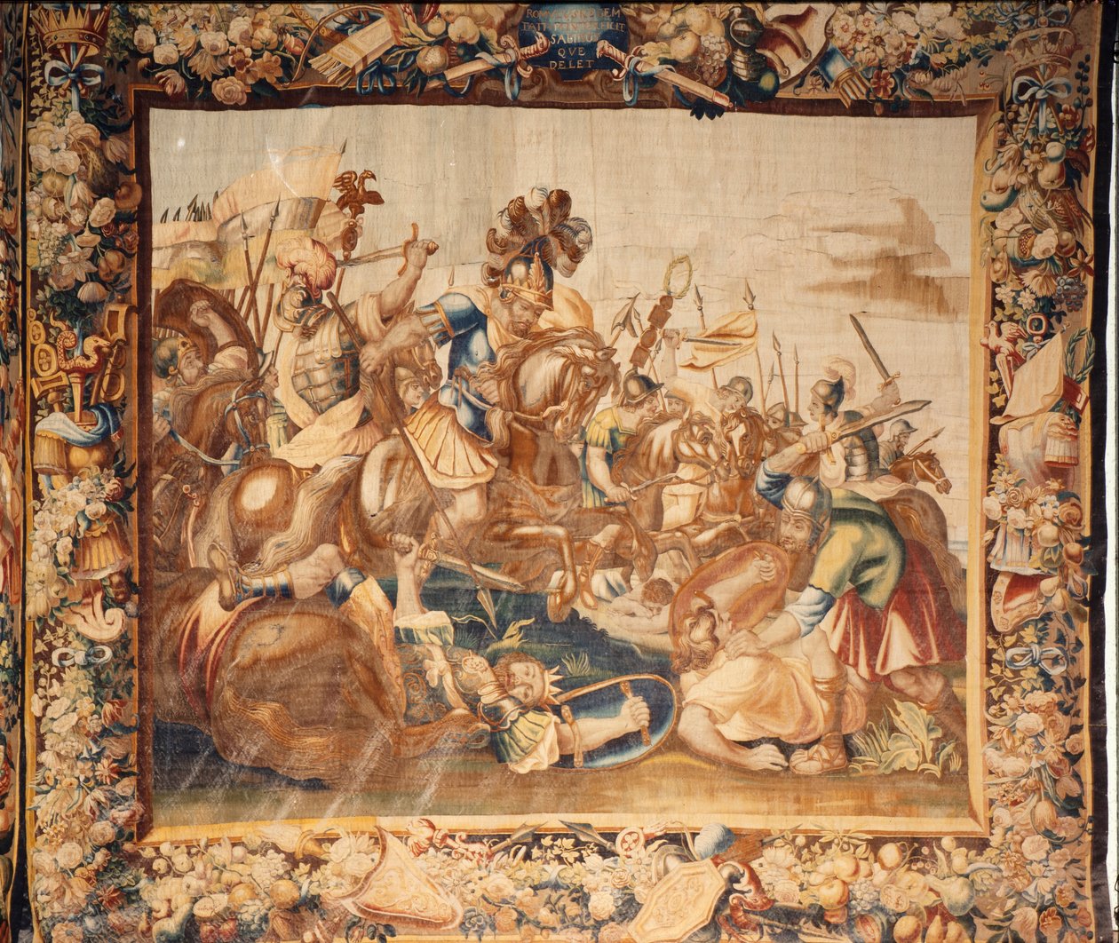 De kathedraal (Catedral de Santa María de Sigüenza). De kathedraalcollectie. Vlaamse wandtapijt. De Geschiedenis van Rome. Gesigneerd: Ian Le Clerc, D Eggermans. Brussel. Begin 17e eeuw door Flemish School