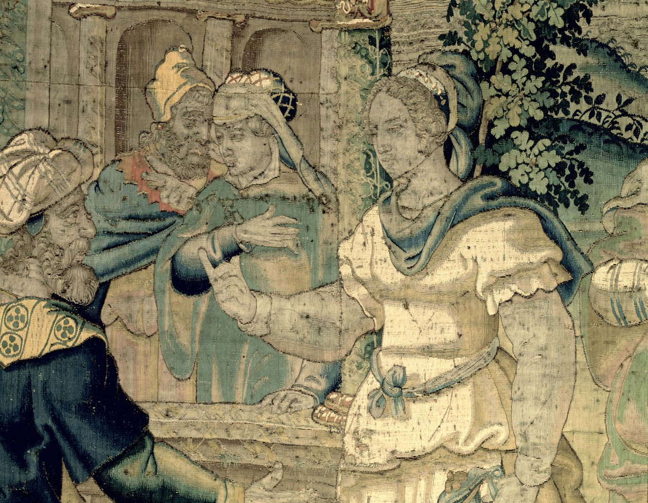 De dochters van Jethro vertellen hun vader over hun ontmoeting met Mozes (detail) door Flemish School