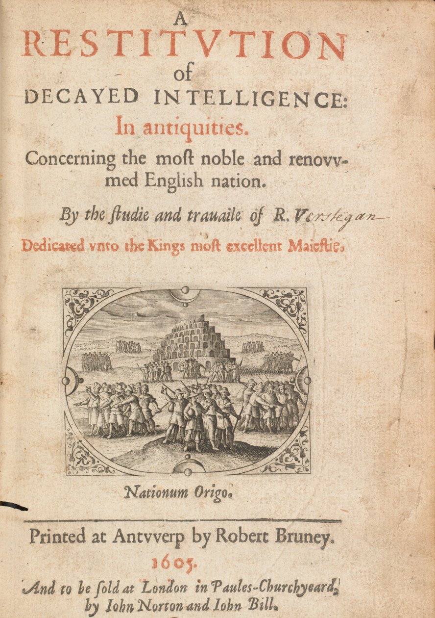 Titelpagina van Herstel van Verloren Intelligentie door Richard Verstegam, Antwerpen, 1605 door Flemish School
