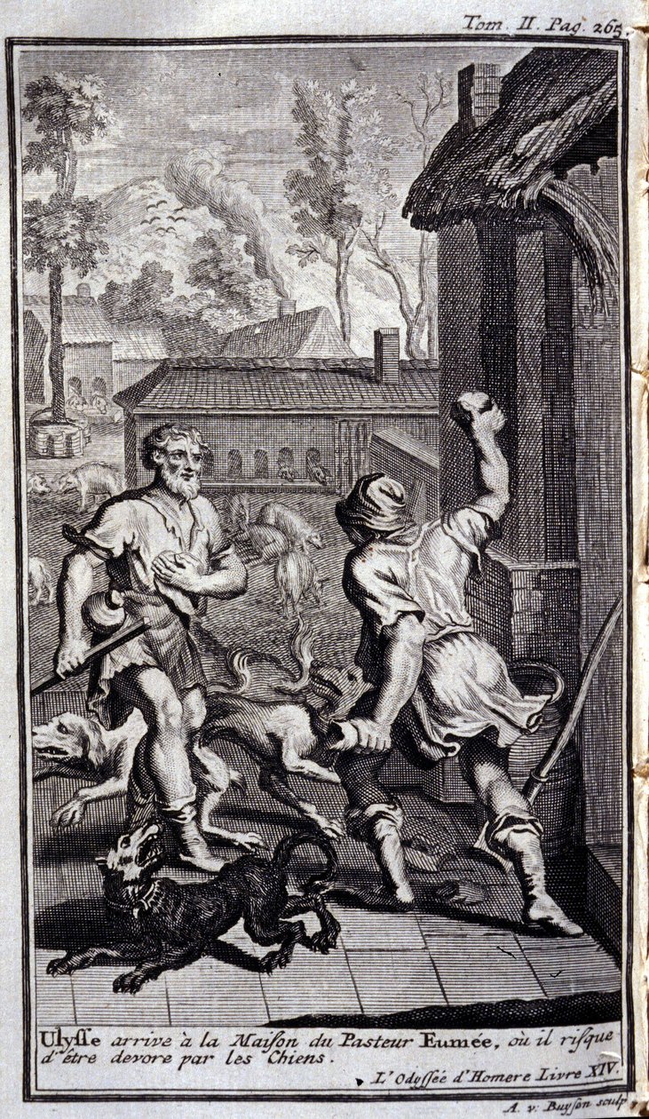 Ulysses arriveert bij het huis van herder Eumee, of hij kan door honden worden aangevallen. Illustratie voor boek XIV van de Odyssee van Homerus, in de Odyssee, gepubliceerd in Amsterdam in 1731, Privécollectie Milaan. door Flemish School