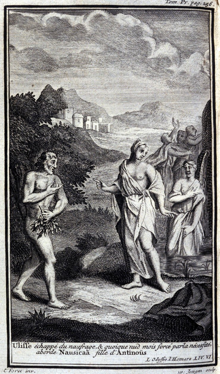 Ulysses ontsnapt aan het schipbreuk, en hoewel naakt maar gedwongen door noodzaak nadert hij Nausicaa, dochter van Antinous. Illustratie voor boek VI van de Odyssee van Homerus, in de Odyssee, gepubliceerd in Amsterdam in 1731, Milaan. door Flemish School