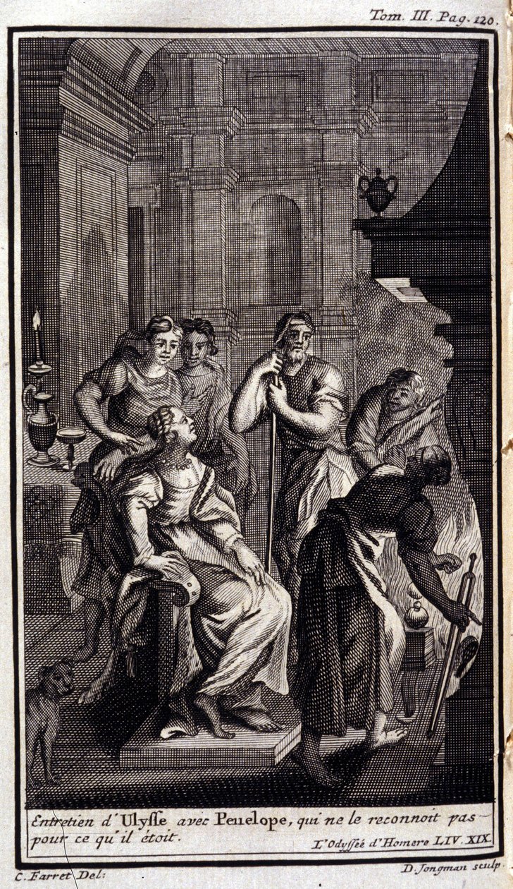 Ulysses gesprek met Penelope, die hem niet herkent. Illustratie voor boek XIX van de Odyssee van Homeros, gepubliceerd in Amsterdam in 1731, privécollectie Milaan door Flemish School