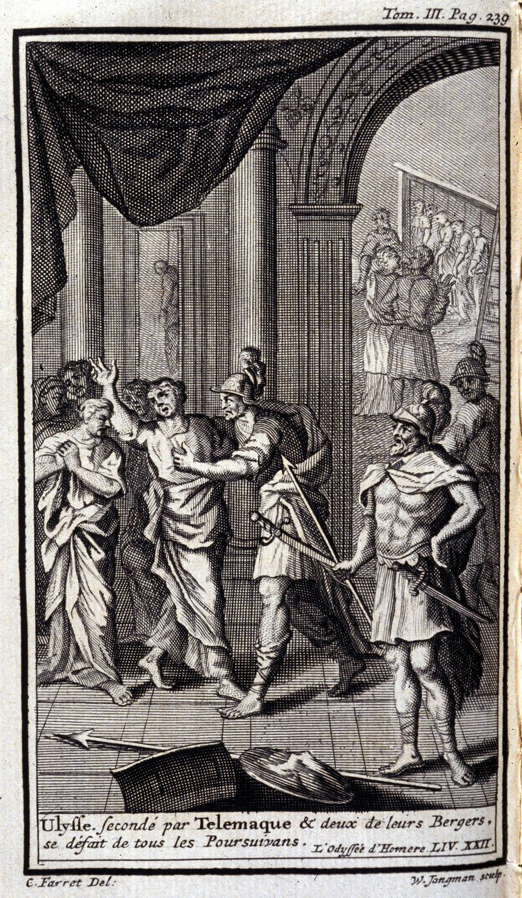 Ulysses geholpen door Telemachus en twee van hun herders verjagen alle achtervolgers. Illustratie voor boek XXII van de Odyssee van Homerus, in de Odyssee, gepubliceerd in Amsterdam in 1731, Privécollectie Milaan. door Flemish School