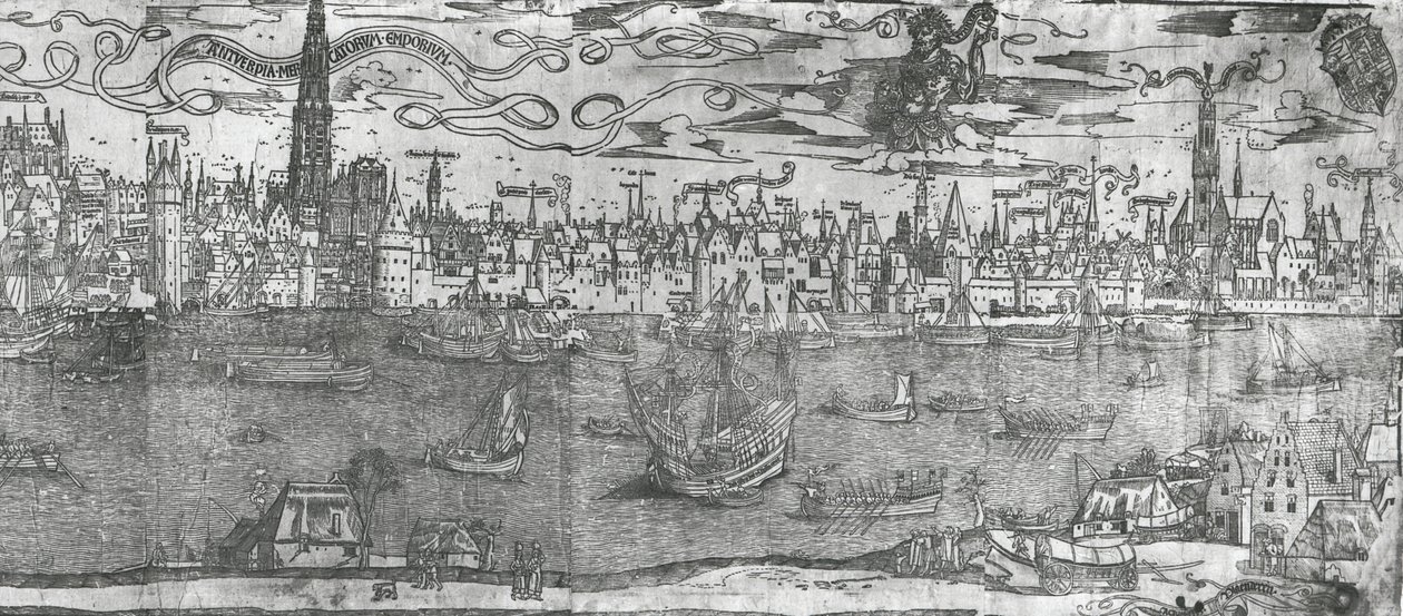 Uitzicht op de Haven van Antwerpen, detail door Flemish School